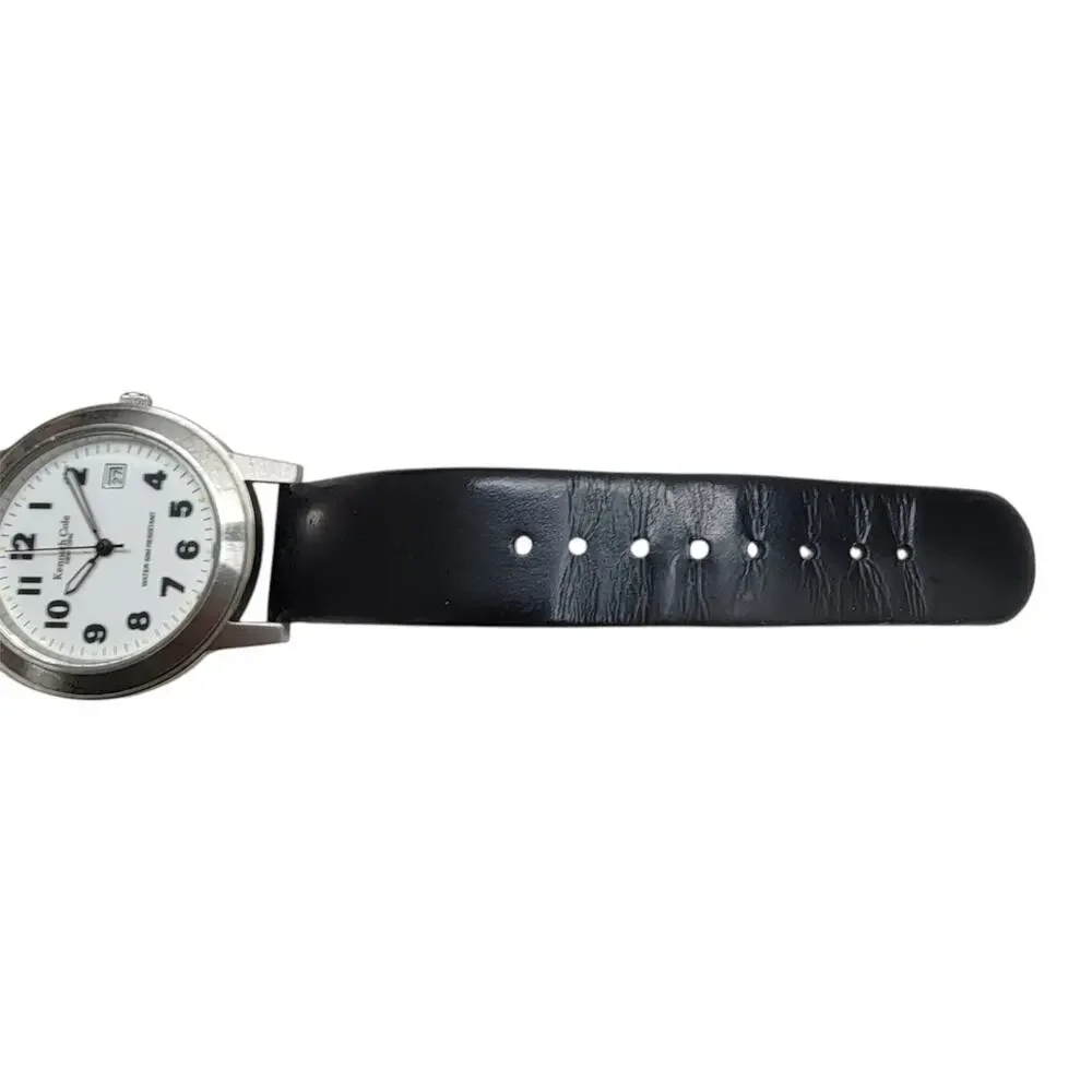 Kenneth Cole New York Mens Watch White Dial Date Black Leather Band Water 50M